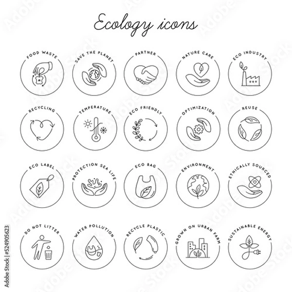 Fototapeta Eco-friendly related thin line icon set in minimal style.