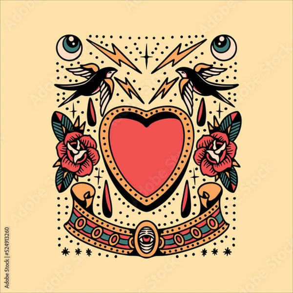 Fototapeta swallow and heart tattoo set vector design
