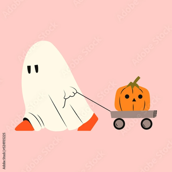 Fototapeta Ghost with pumpkin for Halloween. Phantom walks with gurney. Kawaii monster mystical drawing concept. Vector flat illustration isolated with holiday elements.