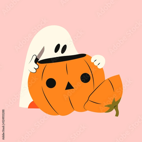 Fototapeta Ghost with Halloween pumpkin. Phantom with face cuts with knife. Kawaii monster mystical drawing concept. Flat vector illustration isolated with pumpkins and holiday elements.