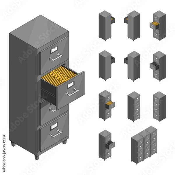Fototapeta Large isometric set of drawers with documents. Isometric iron drawer from an old cabinet with secret documents. Saving data on paper. Vector illustration in cartoon style. Office furniture.