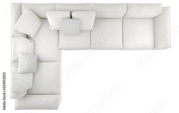 Fototapeta Top view white L shape sofa and pillow transparent. Png. 3D rendering