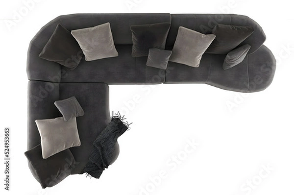 Obraz Top view modern black corner sofa and pillows,Transparent. Png. 3D rendering