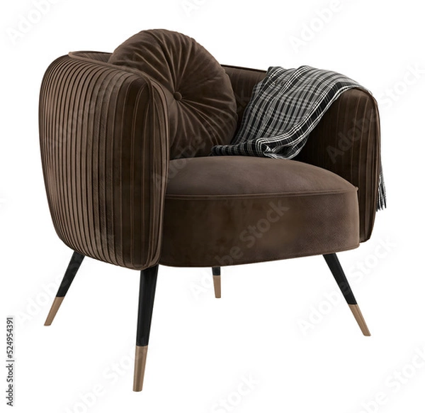 Obraz Chocolate single armchair with round pillow and blanket , transparent. Png. 3D rendering