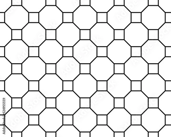 Fototapeta Contemporary tessellated geometric repeating octagon and squares regular grid pattern in black outlines, PNG Transparent Background