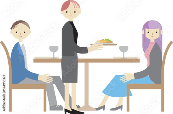 Obraz レストランで食事をする男女と料理を運ぶ女性のイラスト