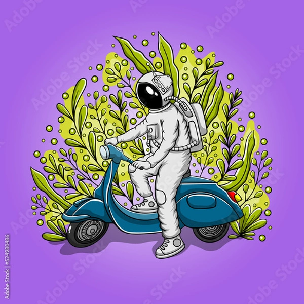 Fototapeta hand drawn astronaut riding a scooter