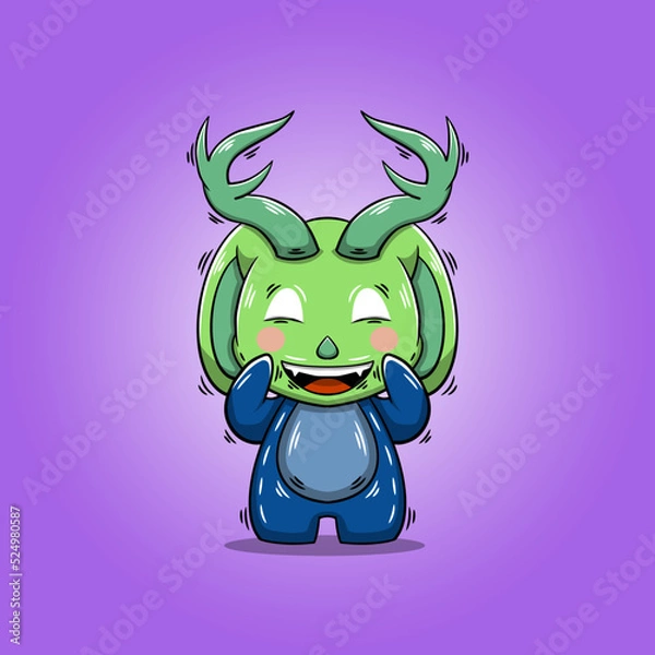 Fototapeta Hand drawn cute horned monster with smiling pose