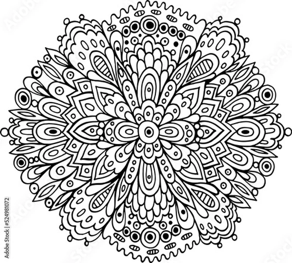 Obraz Floral mandala with flowers and leaves. Doodle fantasy coloring page for adults. Fantastic ornated trippy pattern. Psychedelic art. Vector artwork