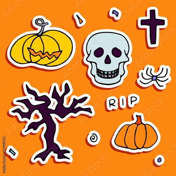 Obraz Doodle Halloween sticker set. Hand-drawn autumn pumpkin, spider, tree, cross, skull on orange background. Cute scary horror banner for fall holidays, Day of the Dead. Vector color spooky illustration
