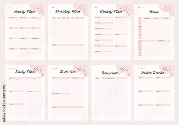 Obraz 8 set of pink abstract planners printable template with pink ellements. yearly daily weekly monthly personal planner template. menu to do list reminder habit tracker template