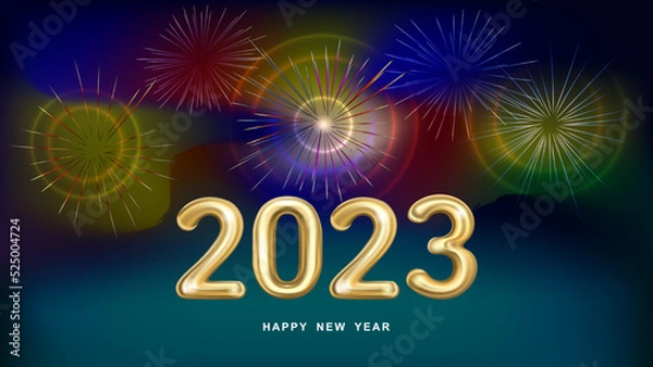 Fototapeta Holiday vector illustration of gold metal numbers 2023 with firework background.