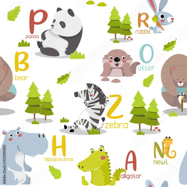 Obraz Seamless pattern with various cute and funny cartoon zoo animals