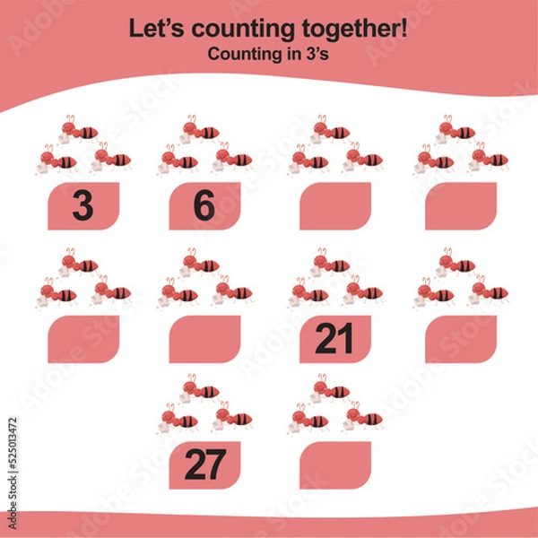 Fototapeta Counting game for children. Count multiples of three. Educational printable math worksheet. Vector illustration.