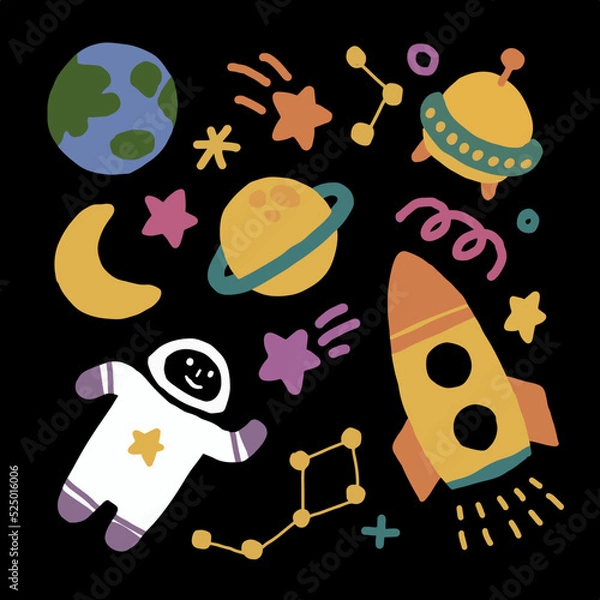 Obraz cartoon ufo alien, Astronaut, space ships, planets, stars and earth. Vector illustration on dark background