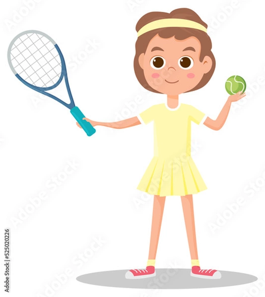 Fototapeta A girl is playing tennis.A girl with a tennis racket and a ball in her hands.The child has fun and plays sports.Vector illustration.