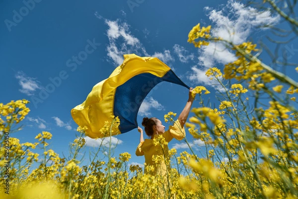 Obraz woman with the Ukrainian flag, waving ukrainian flag, woman with a flag of Ukraine in a yellow rapeseed field