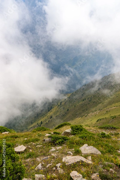 Fototapeta Cloudy weather in the autumn mountains