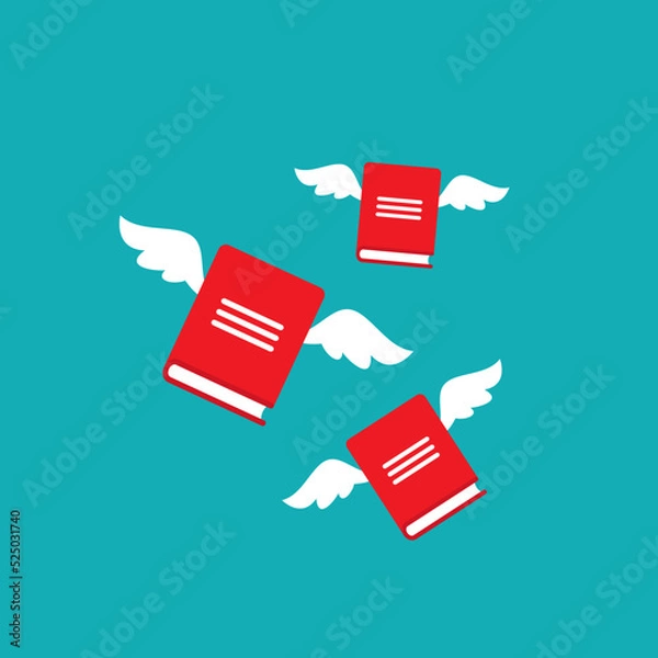 Obraz red books with wings isolated on blue background. Vector flat illustration. Magic fairytale reading logo. Imagination and inspiration picture. Fantasy. Creative kids