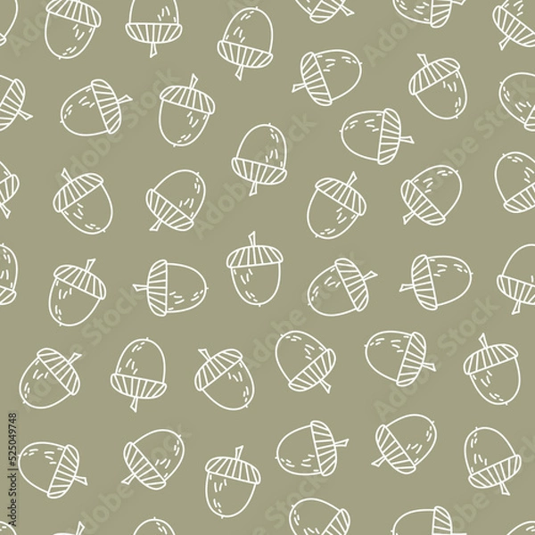 Fototapeta Cute acorn hand drawn seamless vector pattern. Outline vintage texture. Autumn doodle design. Fun forest theme background for wrapping paper, textile, apparel, fabric, wallpaper, card, gift, packaging