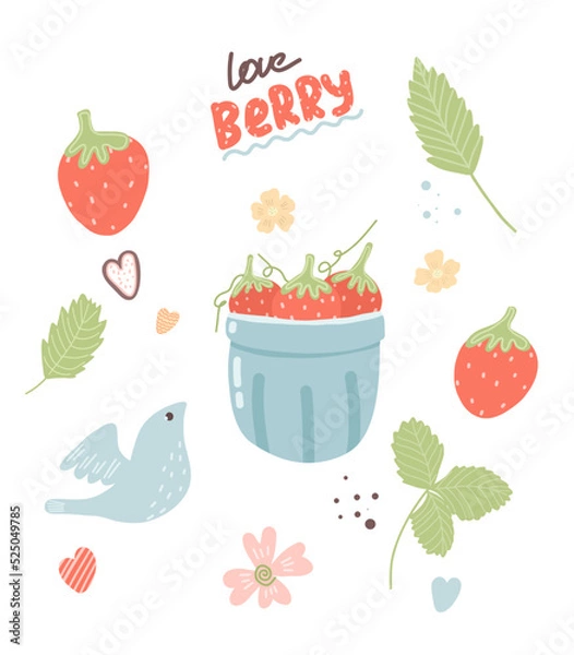 Fototapeta Vector hand-drawn clipart with strawberries. Illustration with berries for postcard stickers, advertising design, menus.