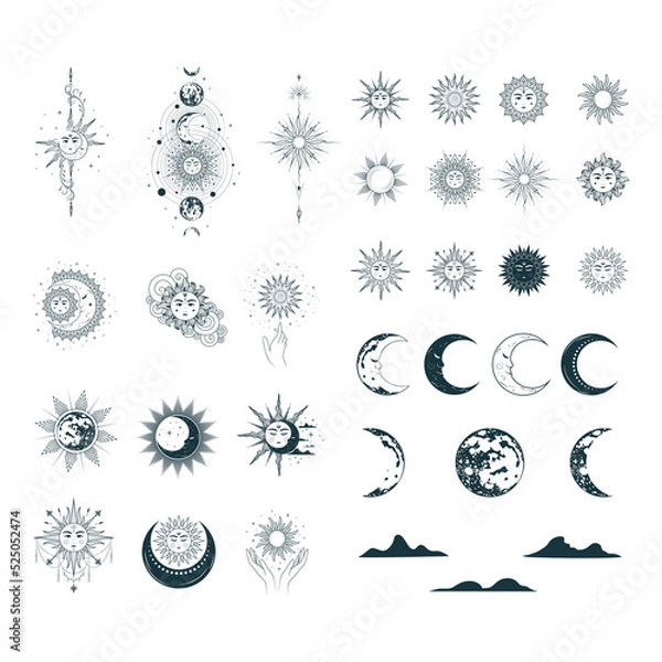 Obraz Celestial big collection  of suns and moons with faces. 34 mystical elements for esoteric design, zodiac, stickers, tarot cards, astrology and tattoo. Hand drawn illustration in boho style.