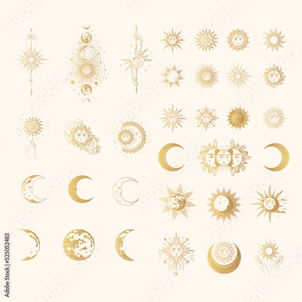 Fototapeta Celestial big collection  of suns and moons with faces. 33 golden mystical elements for esoteric design, zodiac, stickers, tarot cards and astrology. Hand drawn illustration in boho style.