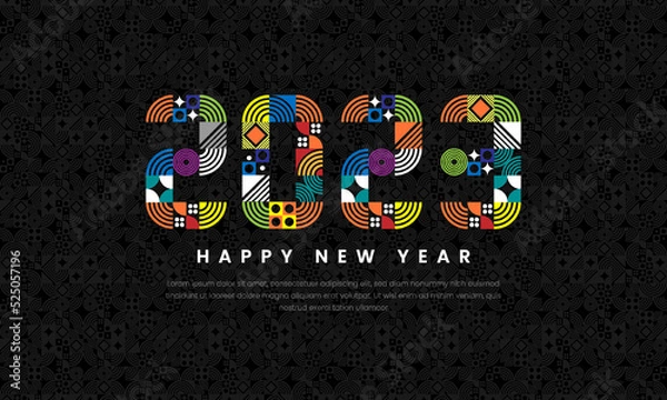 Fototapeta Happy New Year 2023. Geometric shape colorful number of 2023 on dark background. Template design for poster, calendar, banner, flyer, web. Vector illustration