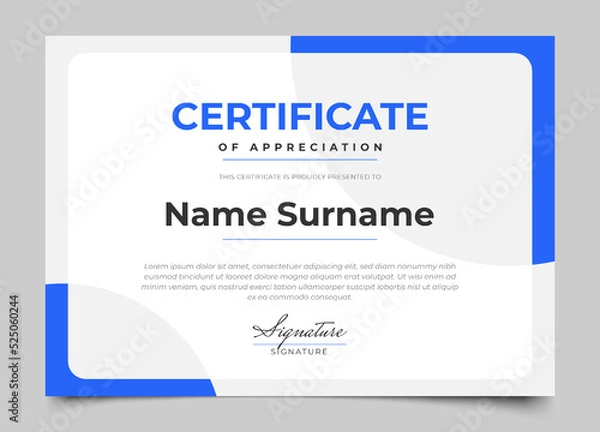 Fototapeta modern certificate design with blue color and modern minimalist style