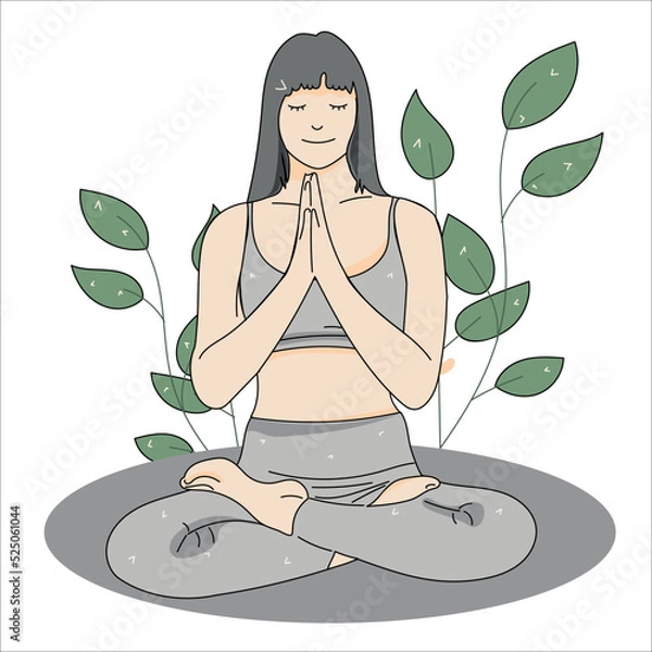 Obraz woman meditating, yoga pose, sitting down with plant leaves behind