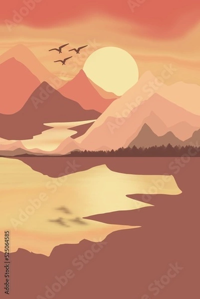 Obraz sunset on the mountain and lake digital illustration