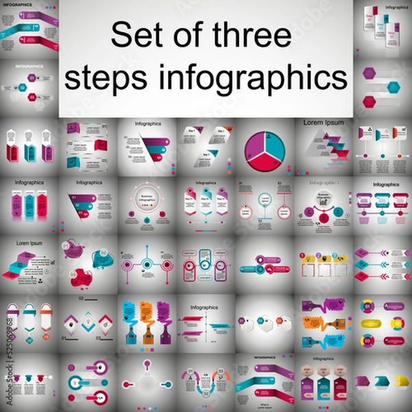 Fototapeta Visualization of business data, infographics. Scheme of the process of elements using graphics, diagrams for three stages, numbers, options, parts. Business vector for presentation.