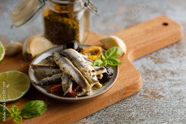 Obraz anchovy appetizer with olives.
