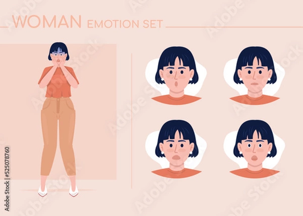 Fototapeta Confused young woman semi flat color character emotions set. Editable facial expressions. Doubt vector style illustration for motion graphic design and animation. Comfortaa font used