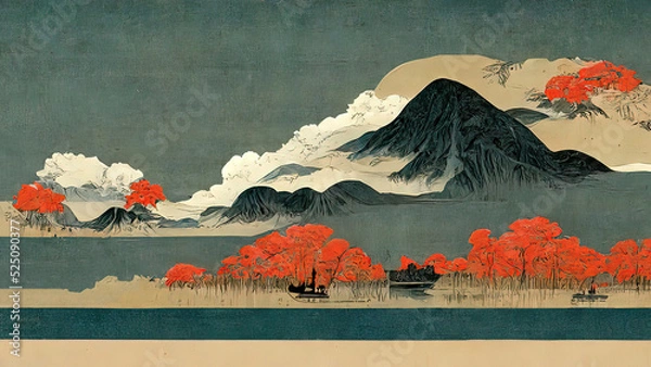 Obraz Japanese Ukiyo-e, landscape, art prints. Oriental artistic painting. Japanese landscape. 4k wallpaper, background. Mountains clouds and trees