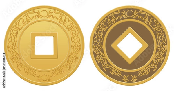 Obraz Layered editable vector illustration of ancient Chinese copper coins with dragon patterns on them.