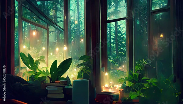 Fototapeta Lofi empty interior.  Messy desk, window view of a forest, jungle. Anime, manga style. Colorful study lo-fi desk. Cozy chill vibe. Hip-hop atmoshperic lighs. Stars 4k wallpaper.