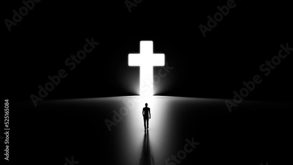 Fototapeta 3D Silhouette of a Man Walking into Religious Cross Shaped Hole.