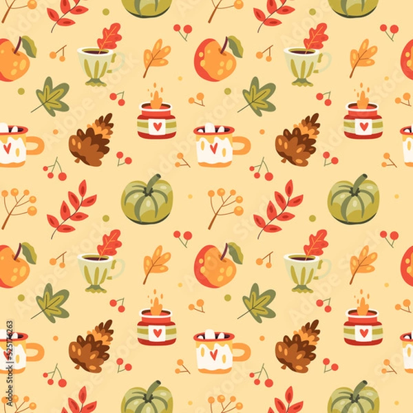 Fototapeta Seamless autumn pattern with hot drinks, fall leaves, candles, pumpkins and berries. Warm hygge aesthetics. Thanksgiving day. Cute colorful background. Flat cartoon hand-drawn style