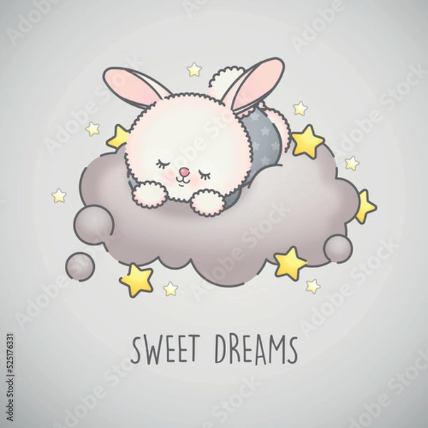 Obraz cartoon sleeping bunny on a cloud