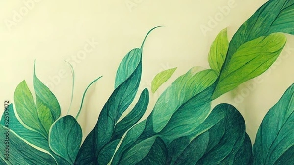 Obraz Green plant and leafs pattern. Pencil, hand drawn natural illustration. Simple organic plants design. Botany vintage graphic art. 4k wallpaper, background. Simple, minimal, clean design.