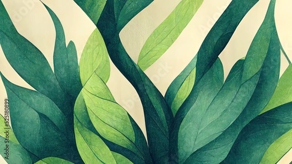 Obraz Green plant and leafs pattern. Pencil, hand drawn natural illustration. Simple organic plants design. Botany vintage graphic art. 4k wallpaper, background. Simple, minimal, clean design.