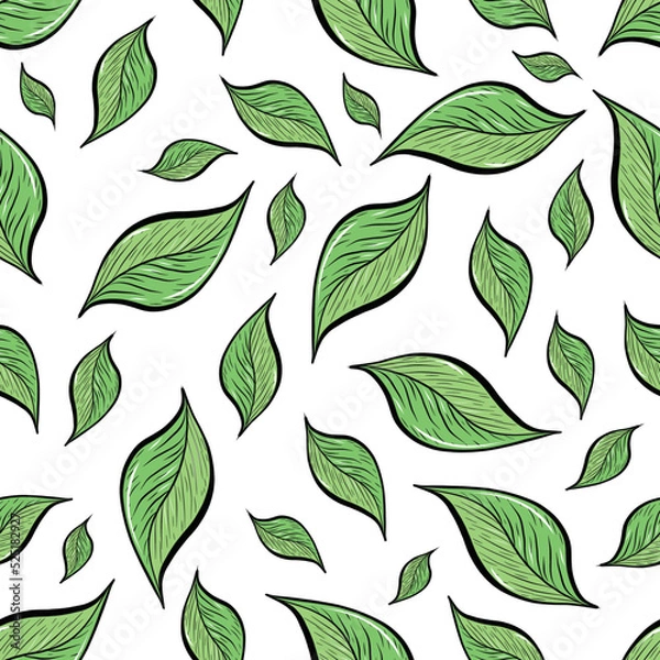 Fototapeta Hand Drawn Green leaves seamless pattern Fresh leaves texture on white background. Vector seamless pattern for wallpaper, wrapping paper card poster or banner template Can be used for print or website