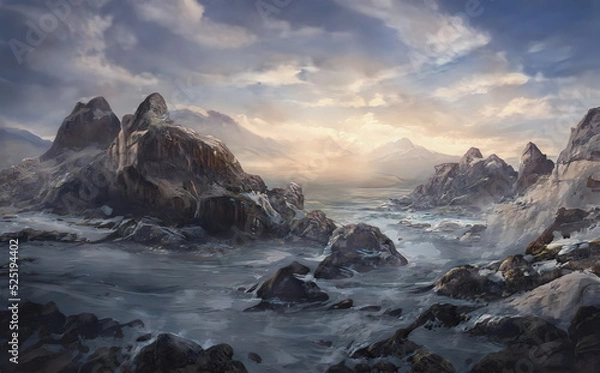Fototapeta Fantastic Epic Magical Landscape of Mountains. Summer nature. Mystic Valley, tundra, forest. Gaming assets. Celtic Medieval RPG background. Rocks and grass. Beautiful sky and clouds.	Lake and river