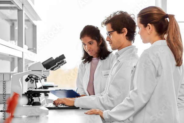 Fototapeta science research, work and people concept - international team of scientists with microscopes and laptop computer working in laboratory