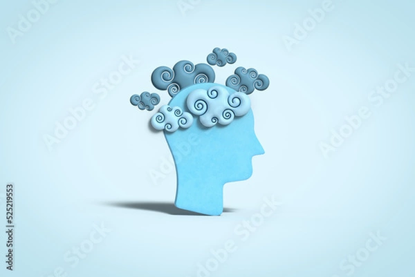 Obraz Head with stylised blue clouds, brain fog, long covid, depression, mental disorder, confusion, loss of concentration, dementia concept. 3D illustration
