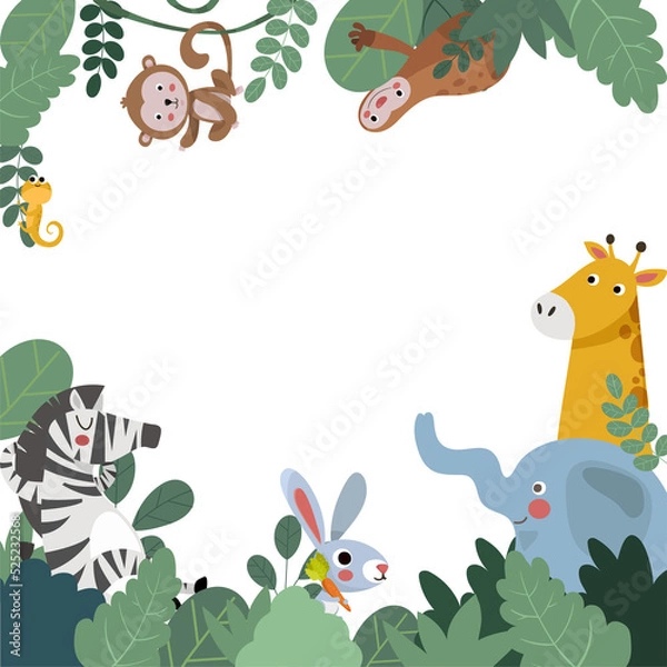 Fototapeta Wildlife animals. Animals of the jungle, frame. African Animals Frame. White background.