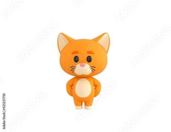Fototapeta Orange Little Cat character with hands on hip in 3d rendering.