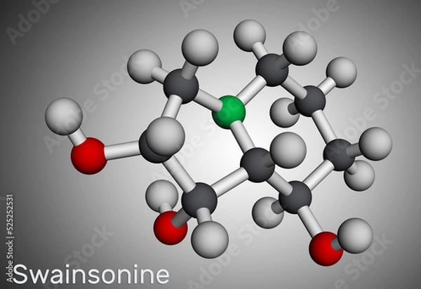 Fototapeta Swainsonine, tridolgosir molecule. It is indolizidine alkaloid from the plant Swainsona, with immunomodulatory activity. Molecular model. 3D rendering