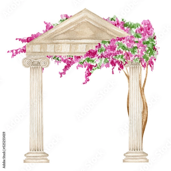 Obraz Watercolor antique arch column ionic order with bright pink flowers, Ancient Classic Greek pillar, Roman Columns, Architecture facade elements drawing illustration isolated on white background